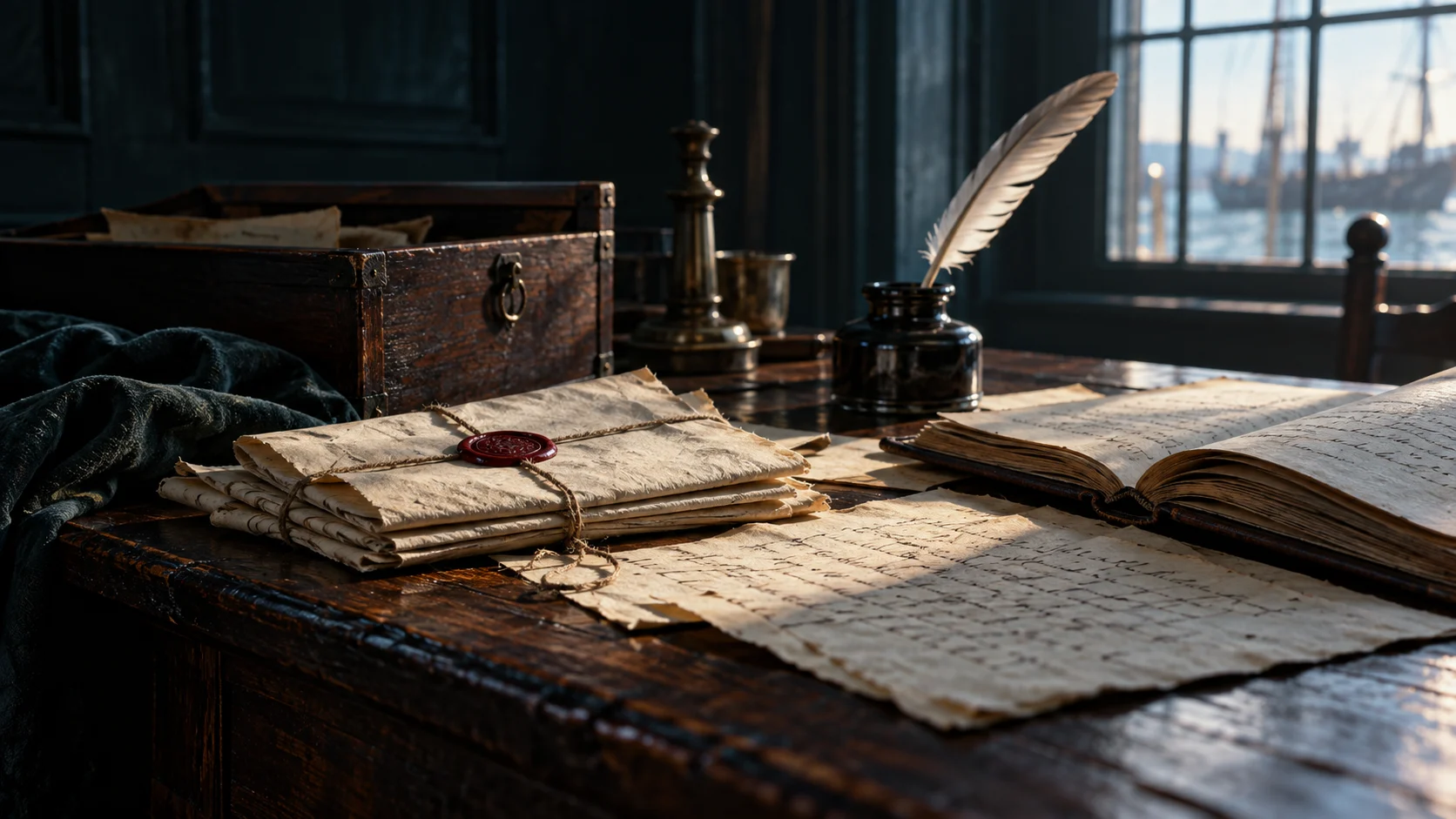 Modern still life of a ledger and coins, not a surviving pirate record