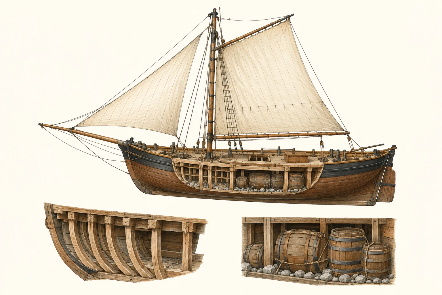 A complete single-masted sloop with a partial hull cutaway, plus enlarged frame and stowage studies.
