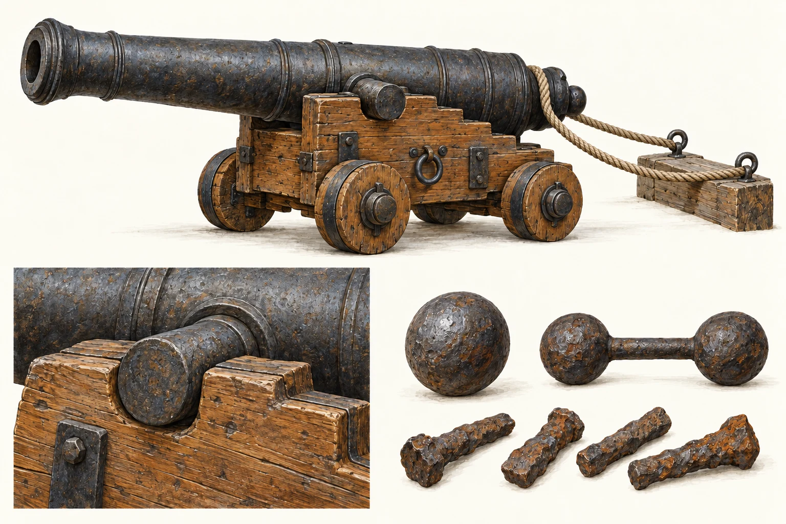 Complete iron cannon on a wooden truck carriage with a trunnion detail and separate round shot, bar shot and iron-bolt studies.