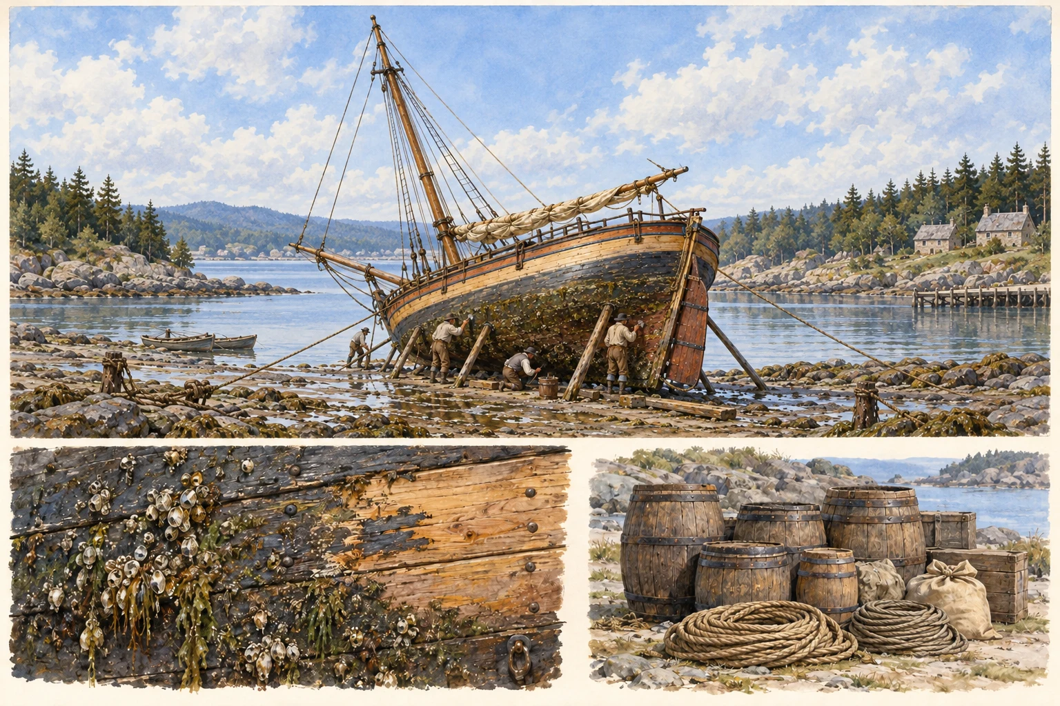 A complete small sailing vessel heeled for shore maintenance, with enlarged hull-fouling and unloaded-stores studies.