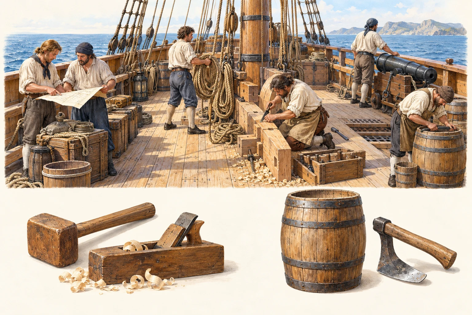 Illustrated working deck with people consulting a chart, handling rope, working timber, tending a cask and standing near a gun; tool studies below.