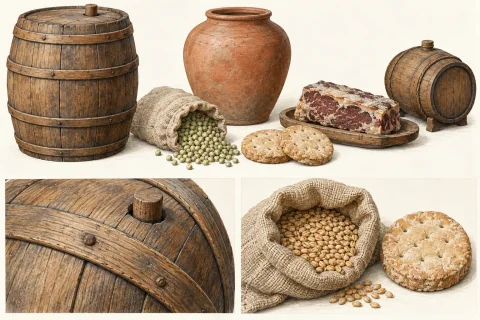 Casks, jar, peas, biscuit and preserved meat, with enlarged cask construction and dry-store studies.