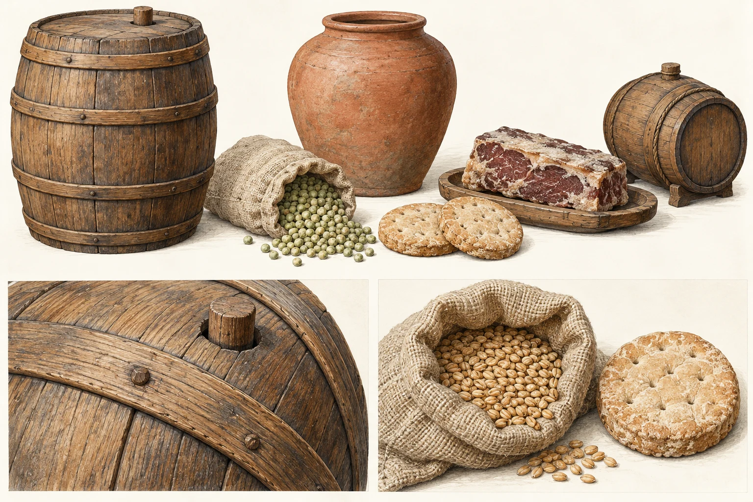Casks, jar, peas, biscuit and preserved meat, with enlarged cask construction and dry-store studies.
