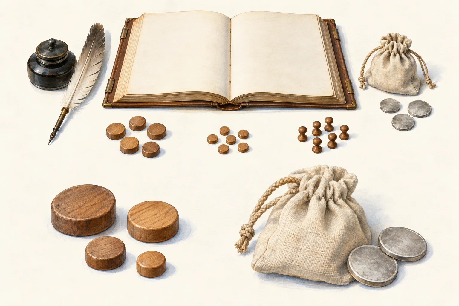 Invented blank ledger, accounting counters and purse, with enlarged counter and purse studies supporting a separately typeset allocation model.