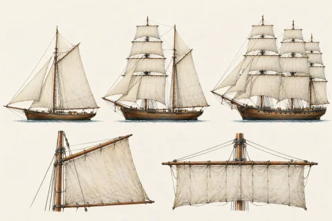 Complete sloop, brigantine-type and three-masted ship-rig profiles, with fore-and-aft and square-sail detail studies.