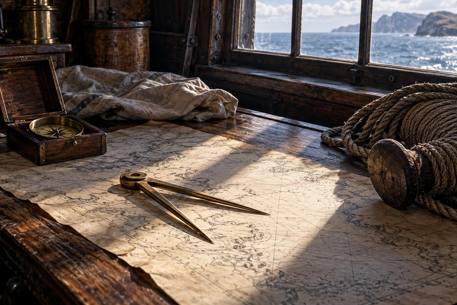 Original interpretive painting of charts, a compass and dividers