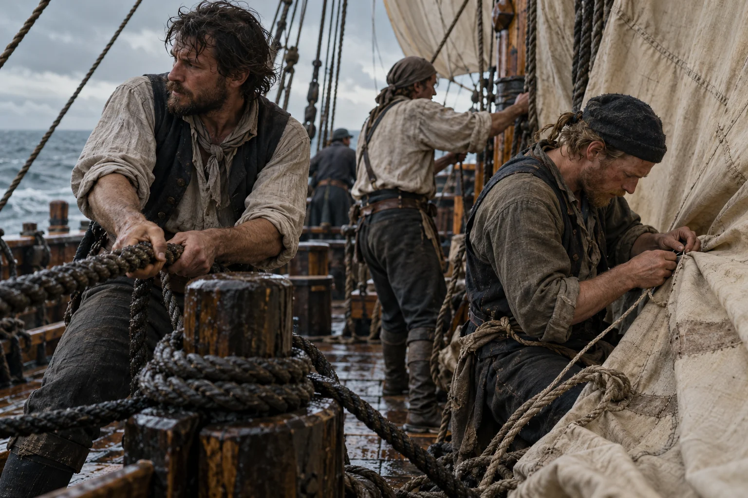 Modern artistic interpretation of a ship's crew at work